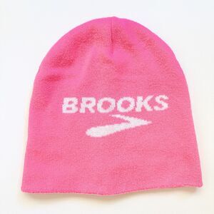 Womens Brooks Knit Beanie Cap Pink White Cotton Blend Logo Winter Cold Running